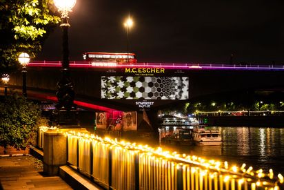 M.C. Escher: The Exhibition night projection lighting up Waterloo Bridge, Somerset House 2026