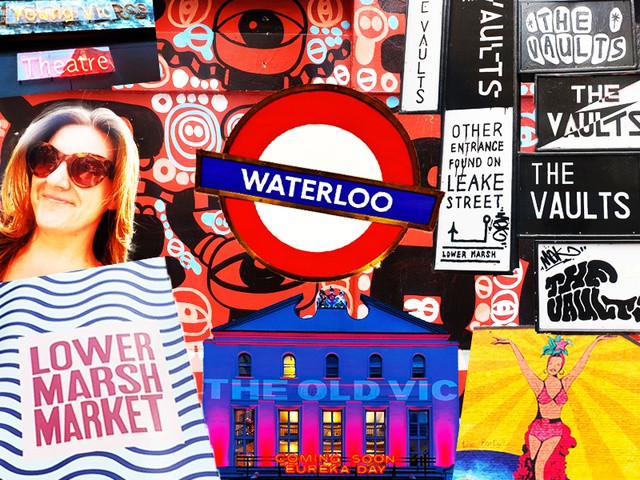 A collage of different theatre fonts and signs from around Waterloo with a woman in sunglasses