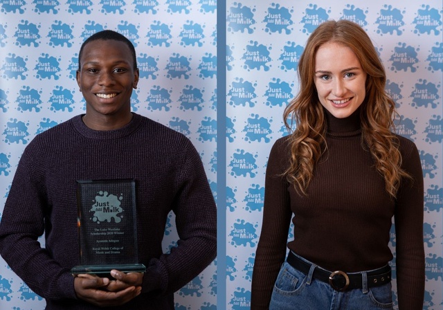 Two separate images of Madison and Ayo looking to camera in front of the Just Add Milk banner. Ayo holds his award