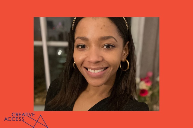 A close of Yasmin's face, smiling, on an orange background with the Creative Access logo