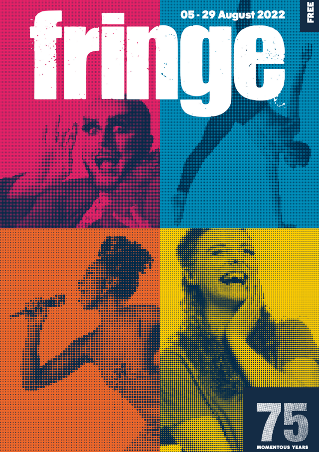 A pink, blue, yellow and orange front cover of the Edinburgh Fringe brochure