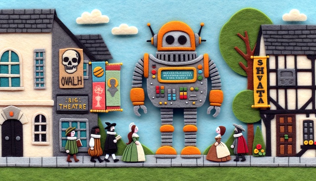 An AI generated image shows a fuzzy-felt scene with a robot stood amongst ordinary humans